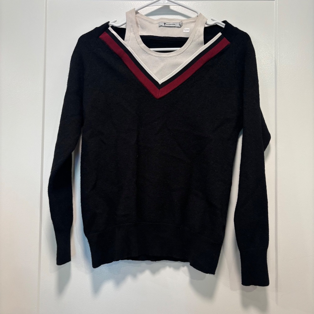 T‎ by Alexander Wang Layered Wool V-Neck Sweater Black Red White Varsity Stripe